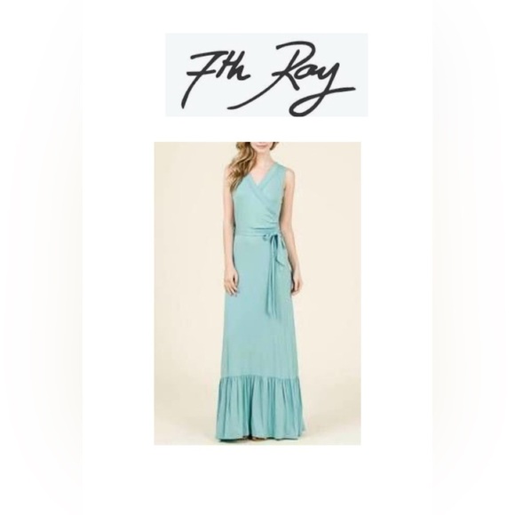 7th Ray Dresses & Skirts - 🆕7th Ray Sleeveless Belted Maxi In Nile Blue Gown with Ruffled Tiered Dress M🆕